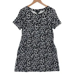 Ellen Tracy Tee Shirt Dress Women Large White Black Leopard Print Short Sleeve